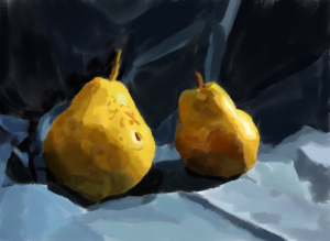two pears on a blue drape