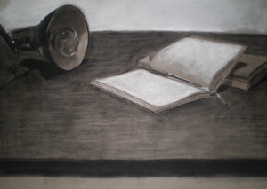 still life with books and lamp